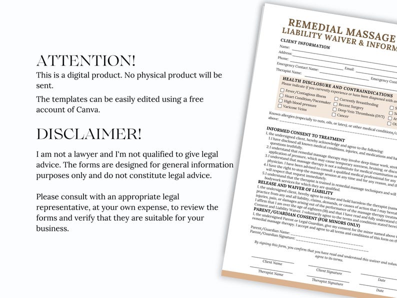 May include: A digital template for a Remedial Massage Liability Waiver & Information form. The document includes sections for client information, health disclosures, informed consent, and a release of liability. The text is in black on a white background.