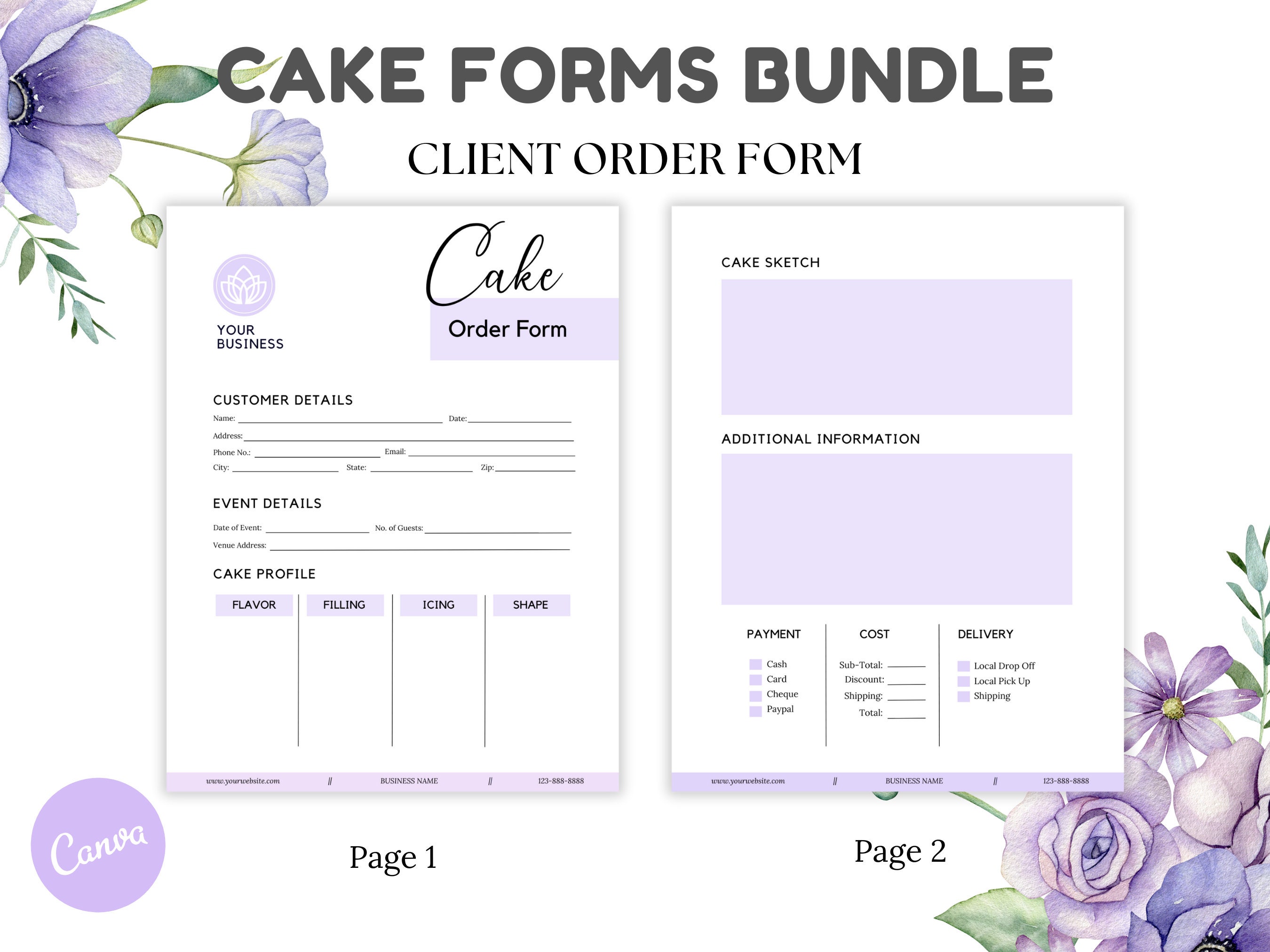 Customizable Cake Order Form, Cake Contract Template, Cake Care ...