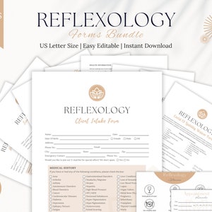 May include: A set of printable forms for reflexology practitioners. The forms include a client intake form, a COVID-19 liability waiver form, and an appointment form. The forms are designed in a minimalist style with a brown and white color scheme.