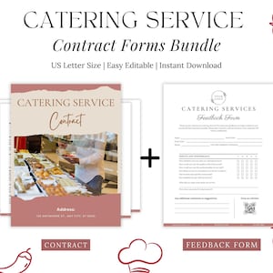 May include: A printable bundle of catering service forms, including a contract and feedback form. The forms are designed in a modern style with a pink and beige colour scheme. The image shows a close-up of the forms with the text "Catering Service Contract" and "Catering Services Feedback Form".