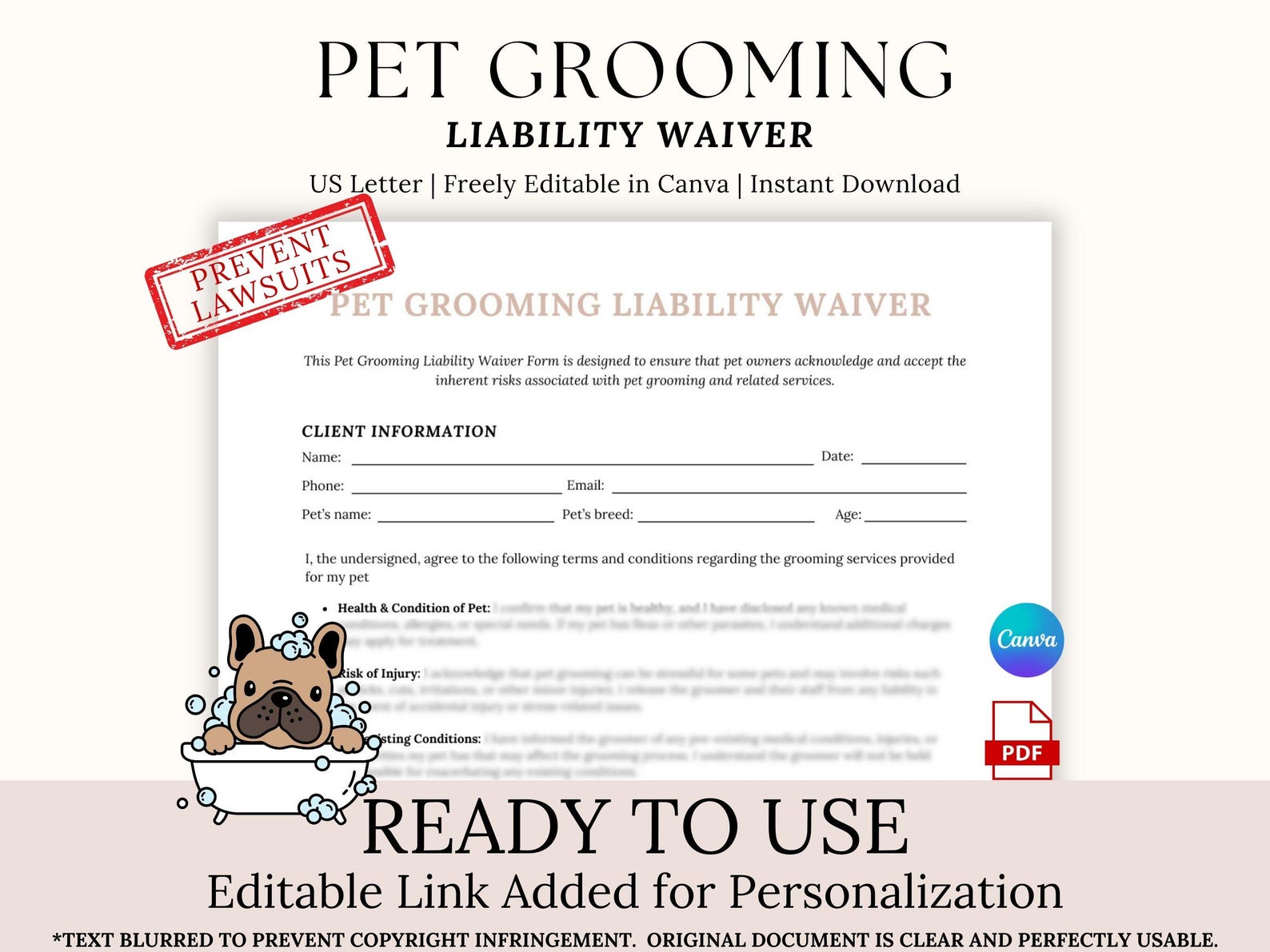 Dog Grooming Waiver Template, Cat Grooming Consent Form, Editable Canva ...