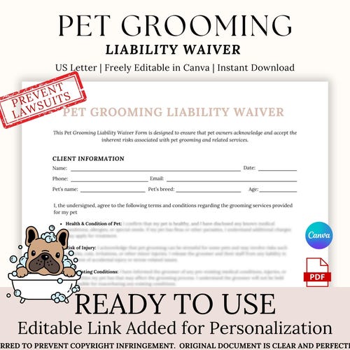 Dog Grooming Waiver Template, Cat Grooming Consent Form, Editable Canva Liability Release, Digital Download