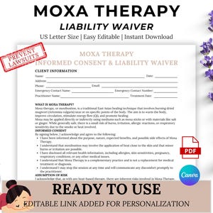May include: A Moxa Therapy Liability Waiver document, US Letter size, with the text "Prevent Lawsuits." The document includes sections for client information and informed consent. Purple lavender sprigs are on the right side of the document.
