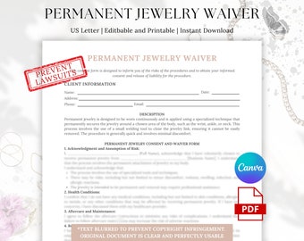 Permanent Jewelry Waiver Template, Permanent Jewelry Consent, Release of Liability, Collect Email, Guardian Consent, Comprehensive One Page