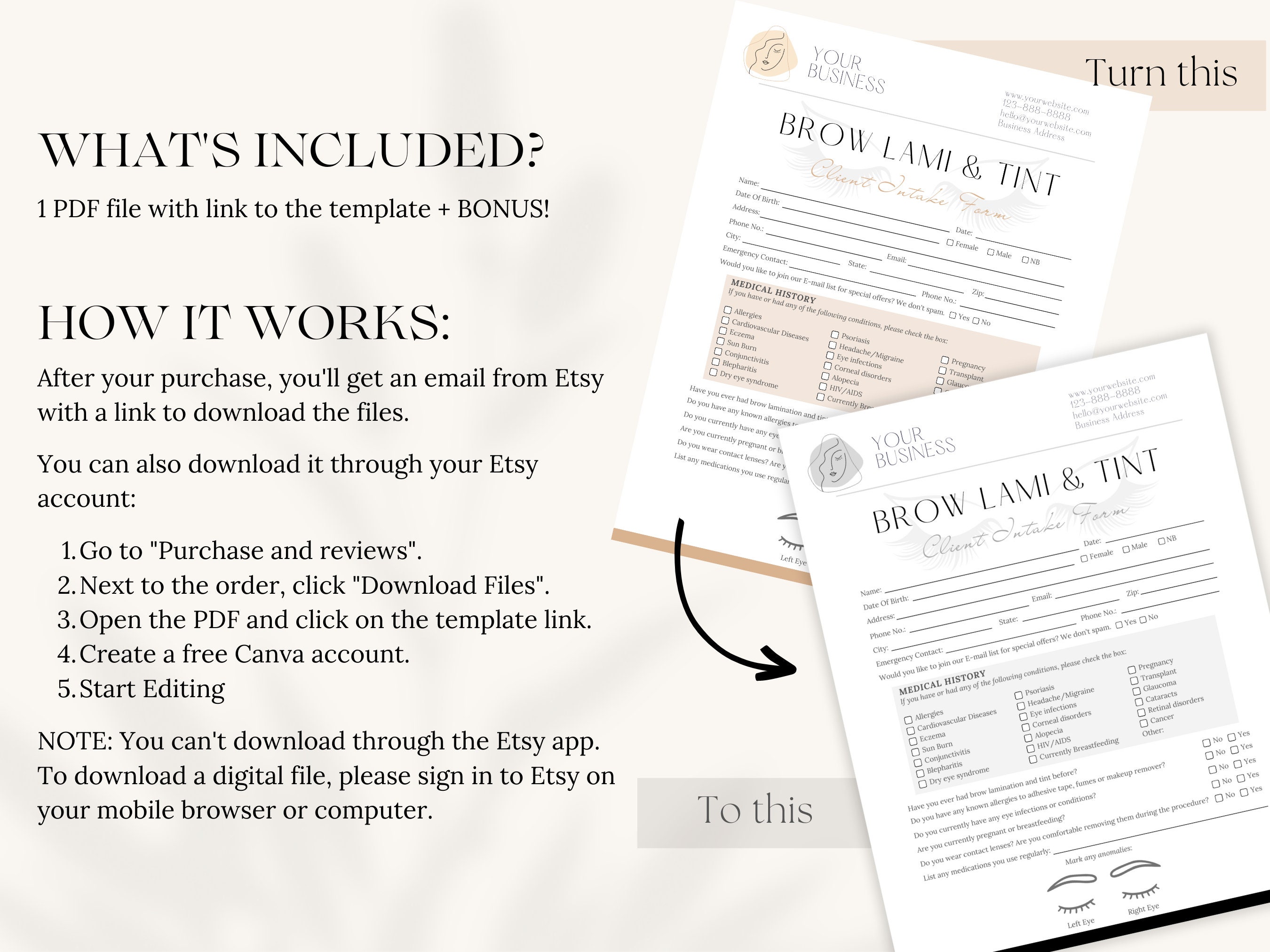 Brow Lamination and Tint Forms Bundle Editable Brow Lami Aftercare Tint