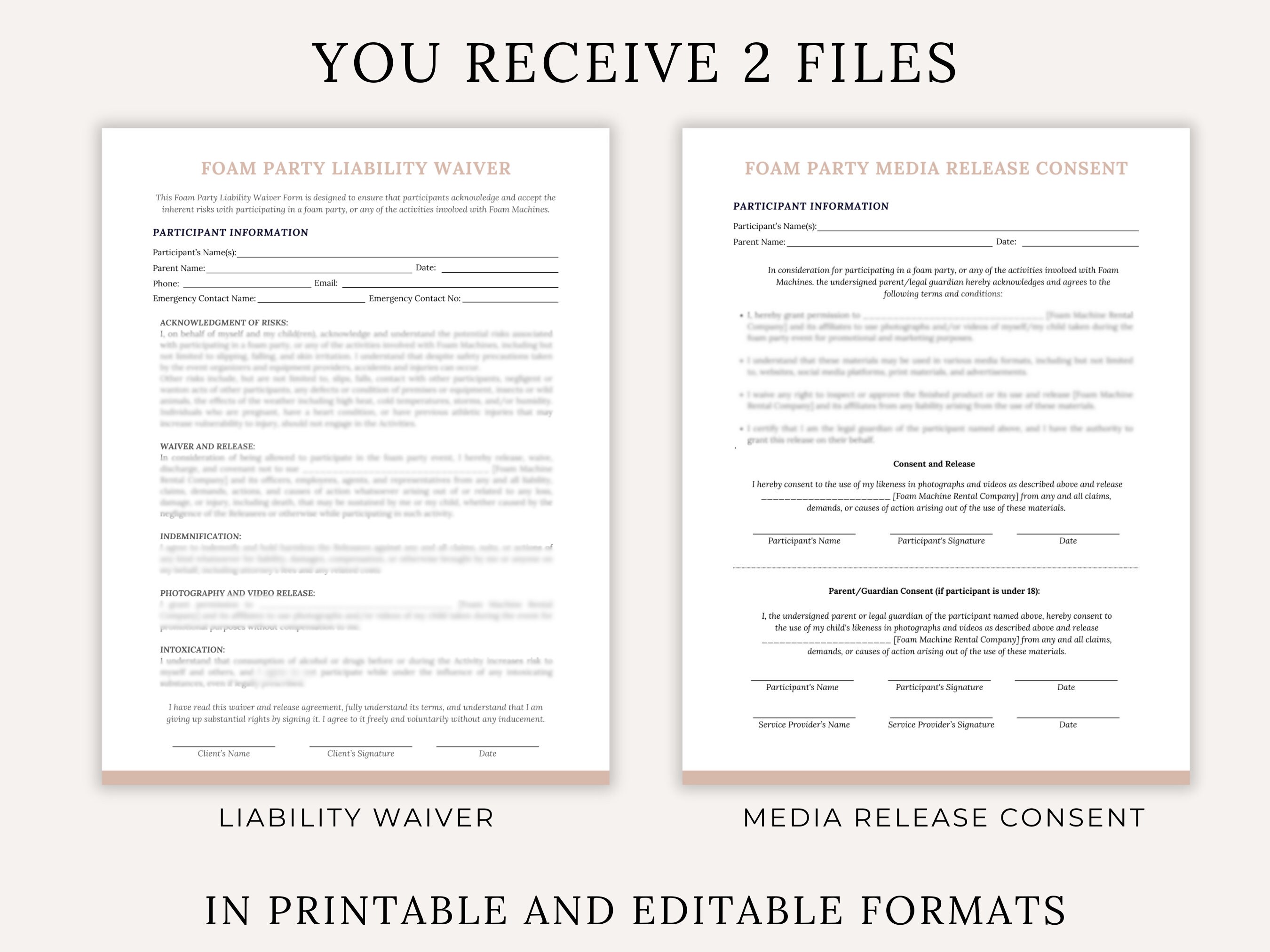 Foam Party Liability Waiver, Media Release Consent, Bubble Machine