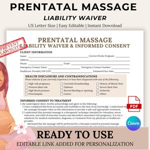 May include: Prenatal massage liability waiver form with client information, health disclosure, and informed consent sections. Includes a watercolor illustration of a pregnant person. The form is ready to use and easy to edit.