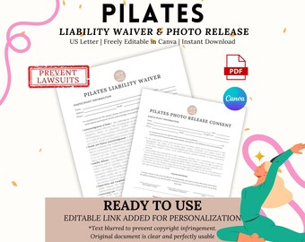 Formulario de exención de responsabilidad y autorización de fotografía de Pilates: Plantilla editable de Canva (descarga digital)