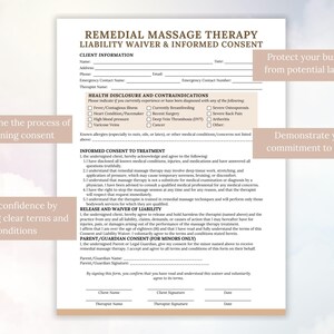 May include: A white and beige Remedial Massage Therapy Liability Waiver & Informed Consent form. The document includes sections for client information, health disclosures, informed consent, and liability waivers. Text on the form includes "Protect your business from potential lawsuits."