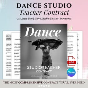 May include: A monochrome dance studio teacher contract featuring a dancer and the word "Dance". The contract includes the text "Studio Teacher Contract" and "US Letter Size". The image is designed for easy editing.