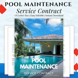 Könnte beinhalten: Ein Dokument mit dem Titel "POOL WARTUNG Servicevertrag" mit einem Foto eines Pools und eines Hauses. Der Text "US Letter Size | Easy Editable | Instant Download" ist ebenfalls sichtbar. Das Dokument ist für Poolwartungsdienste.
