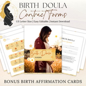 May include: A set of printable birth doula contract forms with a yellow and brown color scheme. The forms include a birth plan, service agreement, and bonus affirmation cards. The image features a silhouette of a pregnant woman in a field of flowers.