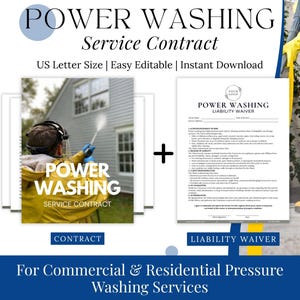 Editable Power Washing Service Contract and Waiver, Commercial & Residential Pressure Washing, Subcontractor form, Cleaning Service, Canva.
