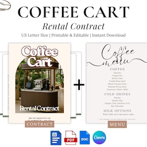 Peut inclure: Modèle numérique de contrat de location et de menu pour un stand de café. Le contrat présente une image du stand, et le menu liste les cafés et les boissons froides. Comprend le format US Letter, imprimable et modifiable.