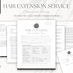 K&ouml;nnte beinhalten: Ein schwarz-wei&szlig;es, druckbares Formular f&uuml;r die Aufnahme von Kunden f&uuml;r Haarverl&auml;ngerungen mit Abschnitten f&uuml;r Kundeninformationen, Krankengeschichte, Details zu Haar und Kopfhaut sowie Gesch&auml;ftsbedingungen. Das Formular ist mit "Haarverl&auml;ngerungs-Kundenaufnahmeformular" beschriftet und enth&auml;lt einen Abschnitt f&uuml;r eine Rechnung.