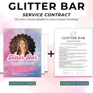 Op de afbeelding: Een digitale download met een "Glitter Bar" servicecontract en aansprakelijkheidsverklaring. Het contractformulier heeft een foto van een persoon met de tekst "Glitter Bar" in roze. De aansprakelijkheidsverklaring heeft dezelfde tekst in zwart.