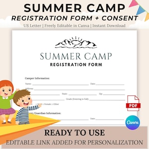 以下が含まれることがあります： 「SUMMER CAMP REGISTRATION FORM + CONSENT」というテキストが入った白い夏のキャンプ登録フォーム。フォームには、キャンパーと保護者の情報フィールドが含まれています。画像には、漫画の子供たちと「READY TO USE」というテキストも表示されています。