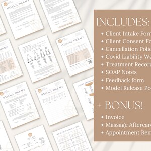 May include: A set of printable forms for massage therapists, including client intake, consent, cancellation policy, Covid liability waiver, treatment record, SOAP notes, feedback form, model release policy, invoice, massage aftercare, and appointment reminder.