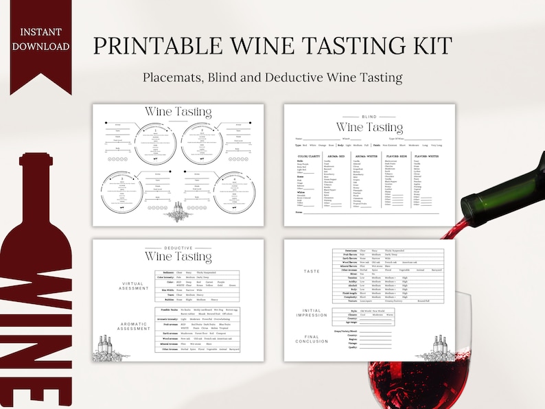 Printable Wine Tasting Kit, Wine Tasting Score Sheet, Wine Tasting Coaster, Wine Party Essential ...