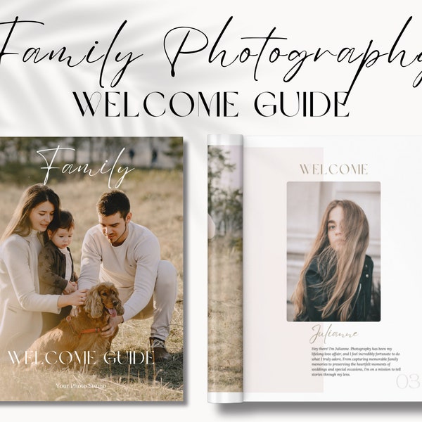 Welkomstsjabloon voor familiefotografie | Fotograaf Klantenmagazine | Welkomstgids met tekst | Fotografie-onboarding, prijsgids | Kanva