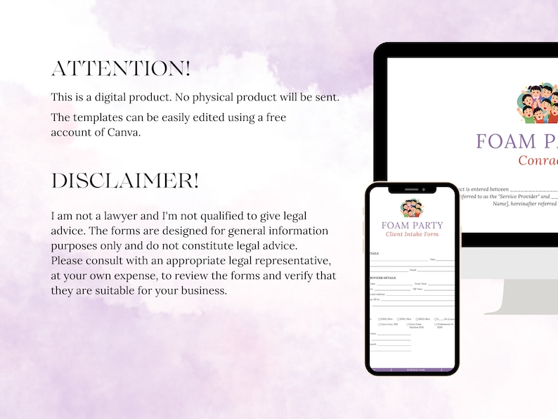 Foam Party Rental Contract Template, Liability Waiver, Media Release