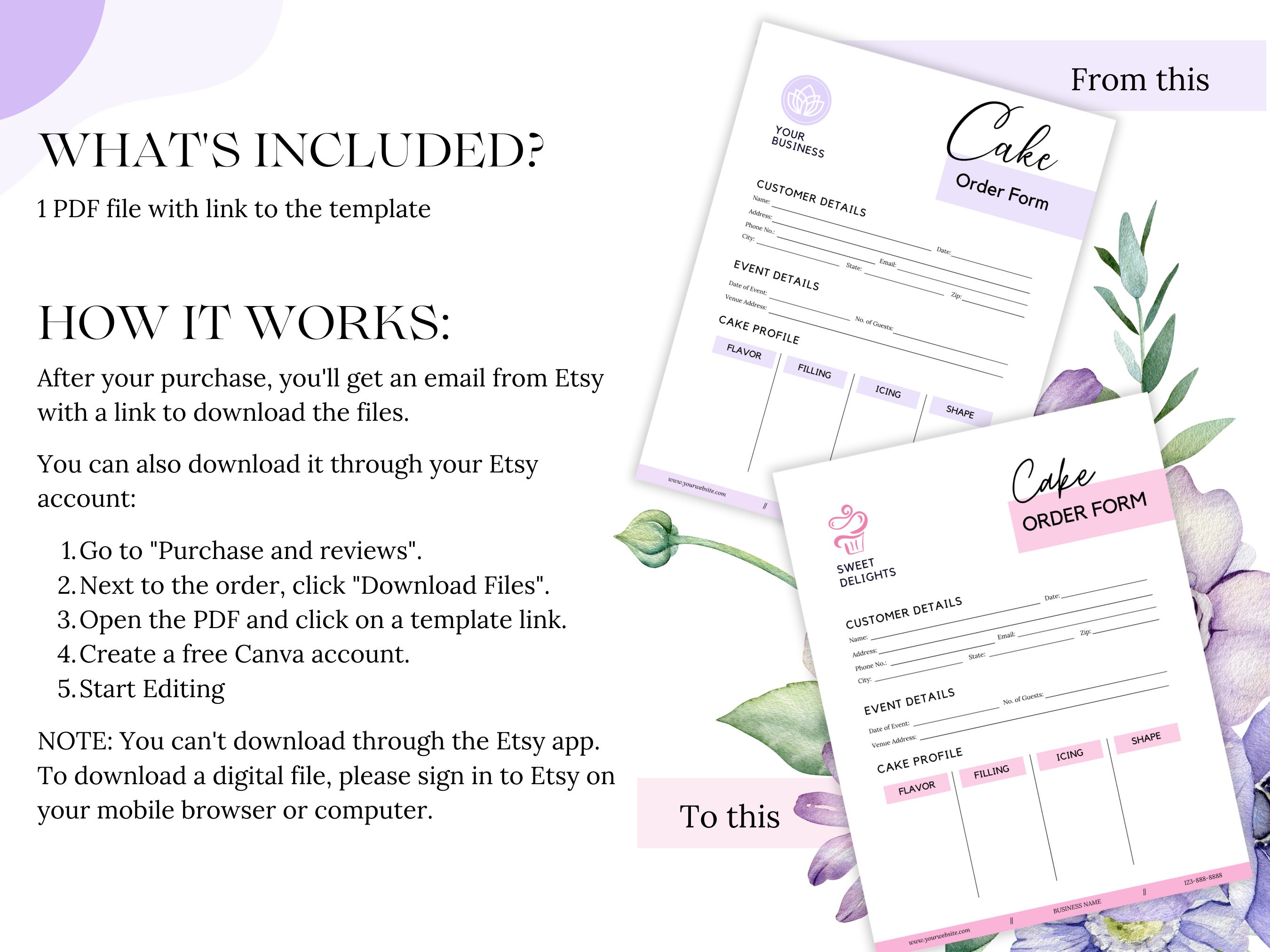 Customizable Cake Order Form, Cake Contract Template, Cake Care ...