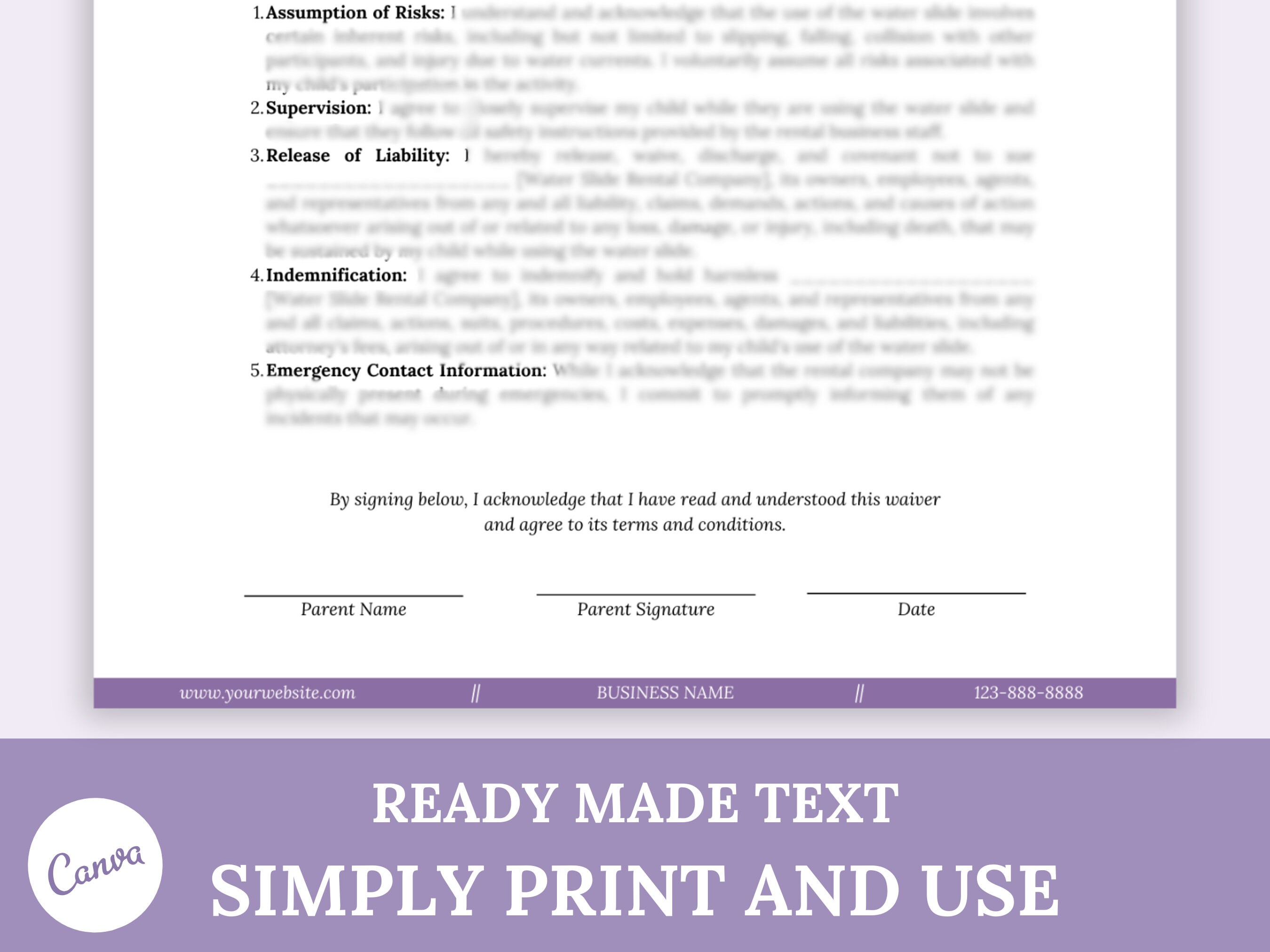 Inflatable Water Slide Liability Waiver, Waterslide Consent Form