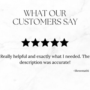 K&ouml;nnte beinhalten: F&uuml;nf schwarze Sterne auf wei&szlig;em Hintergrund. Der Text "WHAT OUR CUSTOMERS SAY" befindet sich &uuml;ber den Sternen. Der Text "Really helpful and exactly what I needed. The description was accurate!" befindet sich unter den Sternen. Der Text "-Shreemathi" befindet sich unter der Beschreibung.