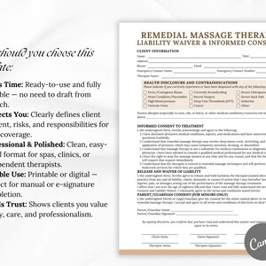 May include: A white and beige Remedial Massage Therapy Liability Waiver & Informed Consent form. The document includes sections for client information, health disclosures, informed consent, and a release of liability. The Canva logo is in the bottom right corner.