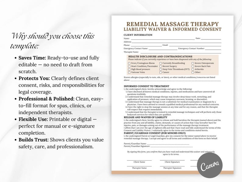 May include: A white and beige Remedial Massage Therapy Liability Waiver & Informed Consent form. The document includes sections for client information, health disclosures, informed consent, and a release of liability. The Canva logo is in the bottom right corner.