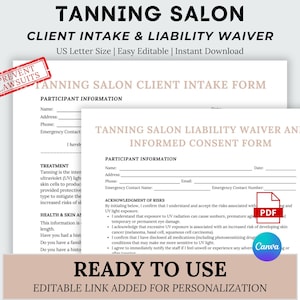 Puede incluir: Un documento blanco titulado "Tanning Salon Client Intake & Liability Waiver" con el texto "Prevent Lawsuits" en un sello rojo. El documento incluye campos rellenables y las palabras "Ready to Use".