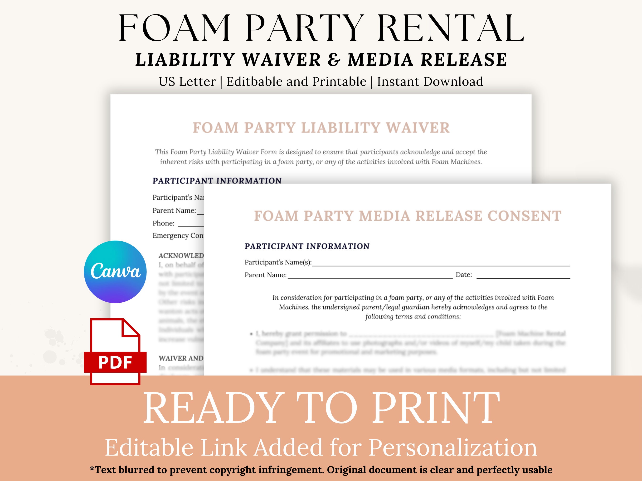 Foam Party Liability Waiver, Media Release Consent, Bubble Machine