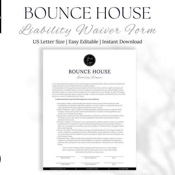 Bounce House Waiver Form | Release of Liability Template | Editable and Printable | Inflatables Rental Business  Water Slide Waiver