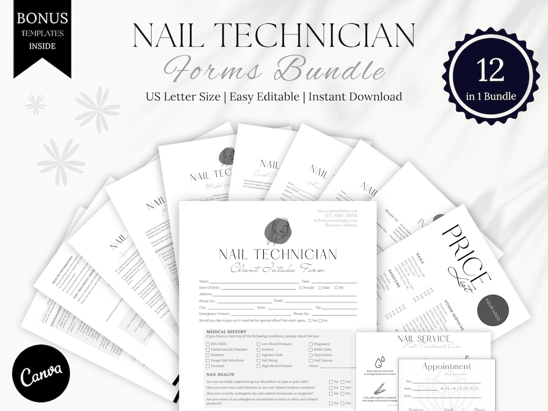 Nail Technician Forms Template Editable in Canva Nail Artist and