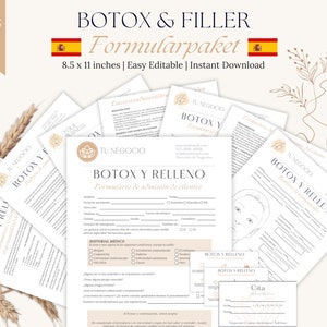 May include: A set of printable forms for a Botox and Filler business. The forms are in Spanish and include a client intake form, a medical history form, and a consent form. The forms are designed to be easy to edit and print. The forms are available for instant download.