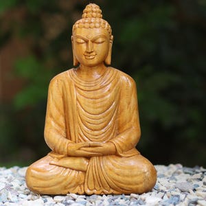 Feng Shui wooden buddha statue for modern home decor living room meditation accessories, spiritual decor made of Natural Teak Wood 6 inch