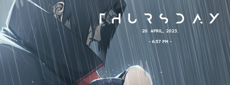May include: A digital illustration of a person in a dark hooded jacket standing in the rain. The text "THURSDAY" is displayed in a futuristic font with the date "20 APRIL, 2023." and time "6:57 PM" below it.