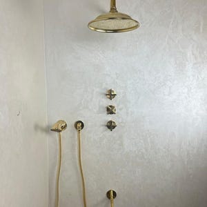 Unlacquered Brass Shower and Tub Faucet Set | Three-Piece Vintage Bathroom Fixture | Shower Head, Hand Spray & Tub Spout