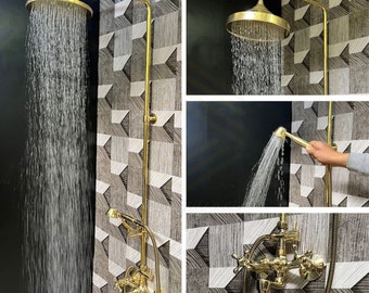 Luxurious Unlacquered Brass Shower System: High Pressure Rainfall, Wall Mount Faucet, Exposed Copper Pipe, Custom Detail & Warranty.