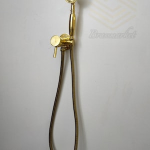 Conjunto de chuveiro portátil e redondo em latão não lacado | Acabamento polido antigo, misturador de latão maciço, mangueira flexível | Ideal para uso ao ar livre