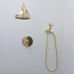 Sistema de chuveiro oculto em latão sem laca – Conjunto de chuveiro de parede de luxo com ducha manual, acabamento em pátina vintage, acessório em latão maciço