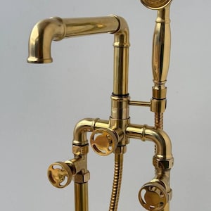 Unlacquered Brass Freestanding Tub Filler Faucet | Vintage Bathtub Mixer Tap | Patina-Finish Floor Mount Tub Spout