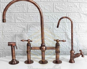 10" Copper Bridge Faucet w/ Cold Water Tap & Sprayer, Unlacquered Brass, Linear Legs, Solid Brass, Antique Brass, Kitchen Sink Faucet.