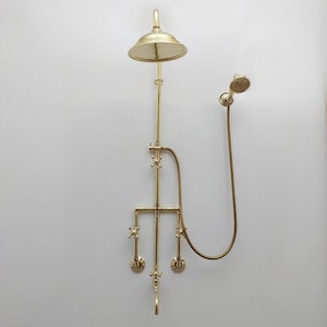 Unlacquered Brass Shower System – Round Rain & Handheld Shower with Tub Filler, Wall-Mount Solid Brass, Vintage Cross Handles