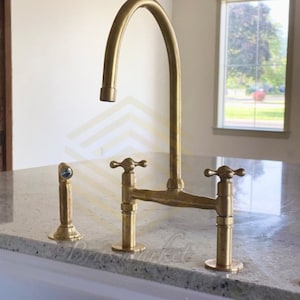 Solid Brass Bridge Faucet with Linear Legs - Unlacquered Brass Finish - Kitchen Faucets