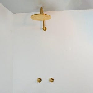 Unlacquered Brass Rain Shower Head – Classic Round  with Curved Arm & Cross Handles, Solid Brass, Multiple Finish Options