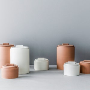 Modern handmade ceramic storage container. Exceptionally handcrafted. Available in white and cinnamon. image 1