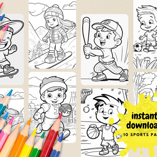 Kid Sports Coloring Pages Printable, Basketball Coloring Pages, Football Coloring Book, Baseball, Kid Game Birthday Activity, PDF DIGITAL