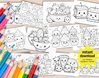 Kawaii Coloring Pages for Kids and Adults, Cute Food, Fruits, Treats in Kawaii Style, for Relaxation, Creativity, Instant Download Printable