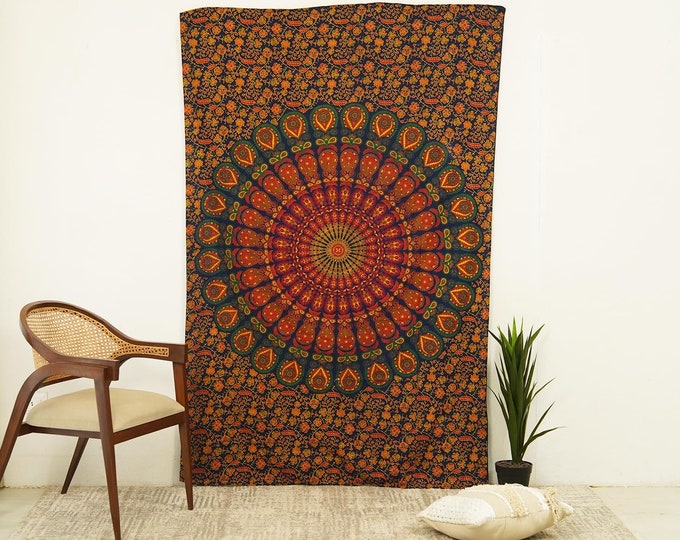 Orange & Gold Colorful Tapestry, Trippy Indian Mandala Wall Decor, Bedroom And Living Room, Dorm, Small Home Decor, Gift for Her.